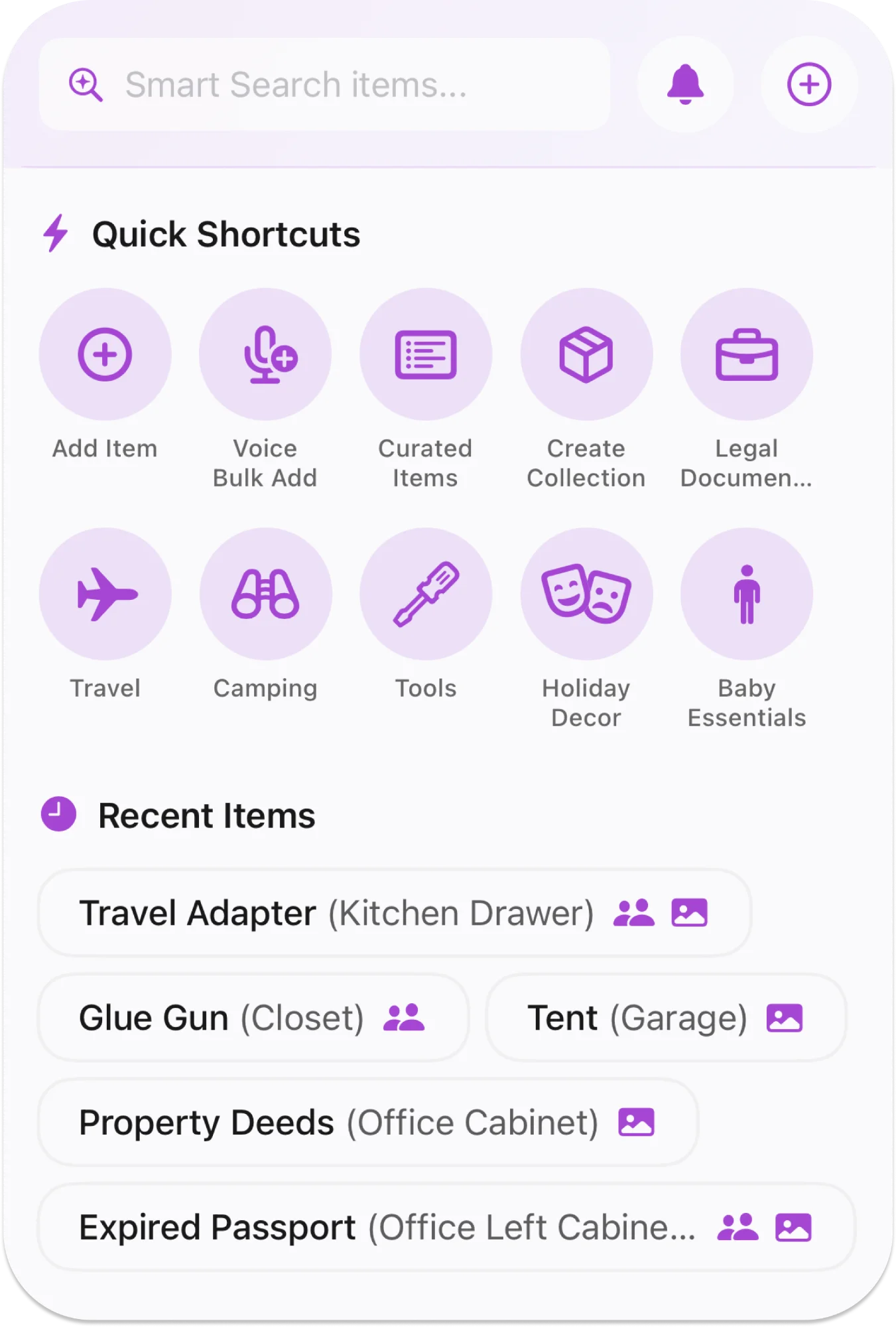 ItemTracker Home Screen showing collections and recent items